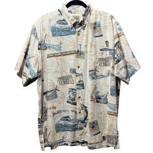Vintage GPS Fishing Map Print Button Down Hawaiian‎ Shirt Sailing Boating XL